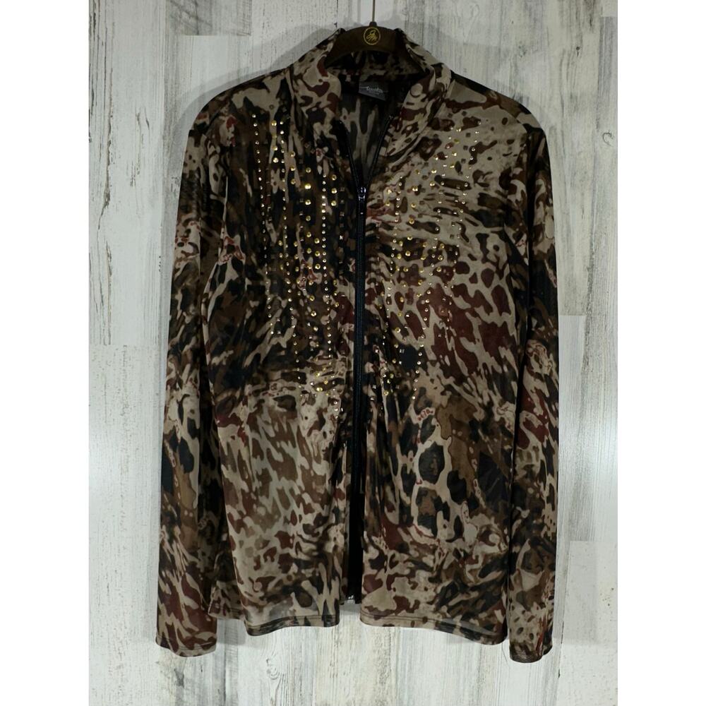 Chicos Travelers Jacket Size 1 or Medium Sheer Mesh Leopard Animal Print Studded